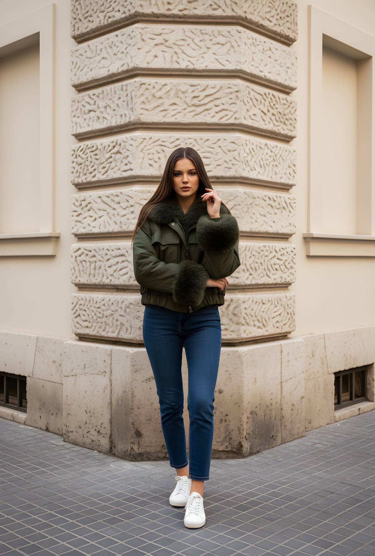 Casaco Verde Acolchoado com Punhos em Pelo